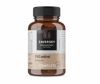FitControl Complete 60 Kapseln im braunen Glas mit schwarzem Deckel und Zaversky Stadtapotheke Knittelfeld Etikett, Vorderansicht
