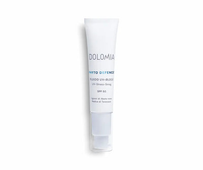 Dolomia Phyto Defence Fluido UV-Block SPF 50, weiße Tube mit Pumpspender, Frontansicht mit blauer Beschriftung