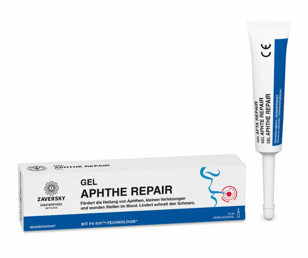 Gel Aphthe Repair von Zaversky Stadtapotheke Knittelfeld, weiße Tube mit blauem Applikator neben Faltschachtel, 15 ml