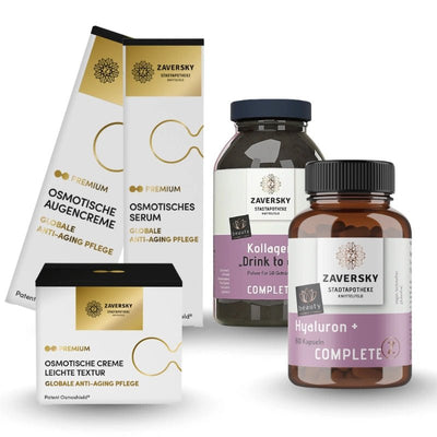 Zaversky Stadtapotheke Anti-Aging Set mit osmotischer Augencreme, Serum, Creme, Kollagen-Pulver und Hyaluron-Kapseln