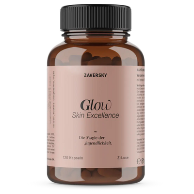 Zaversky Glow Skin Excellence Kapseln in Braunglas mit roséfarbenem Etikett, 120 Kapseln, laktose-, fructose- und glutenfrei, vegan, Z-Luxe
