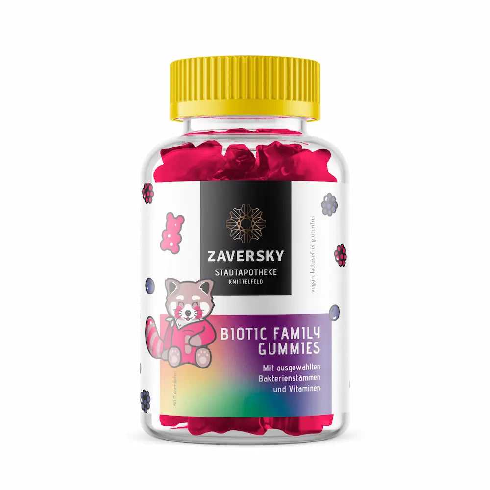 Zaversky Biotic Family Gummies, transparente Dose mit gelbem Deckel, 60 rote Gummibärchen, mit Bakterienstämmen und Vitaminen