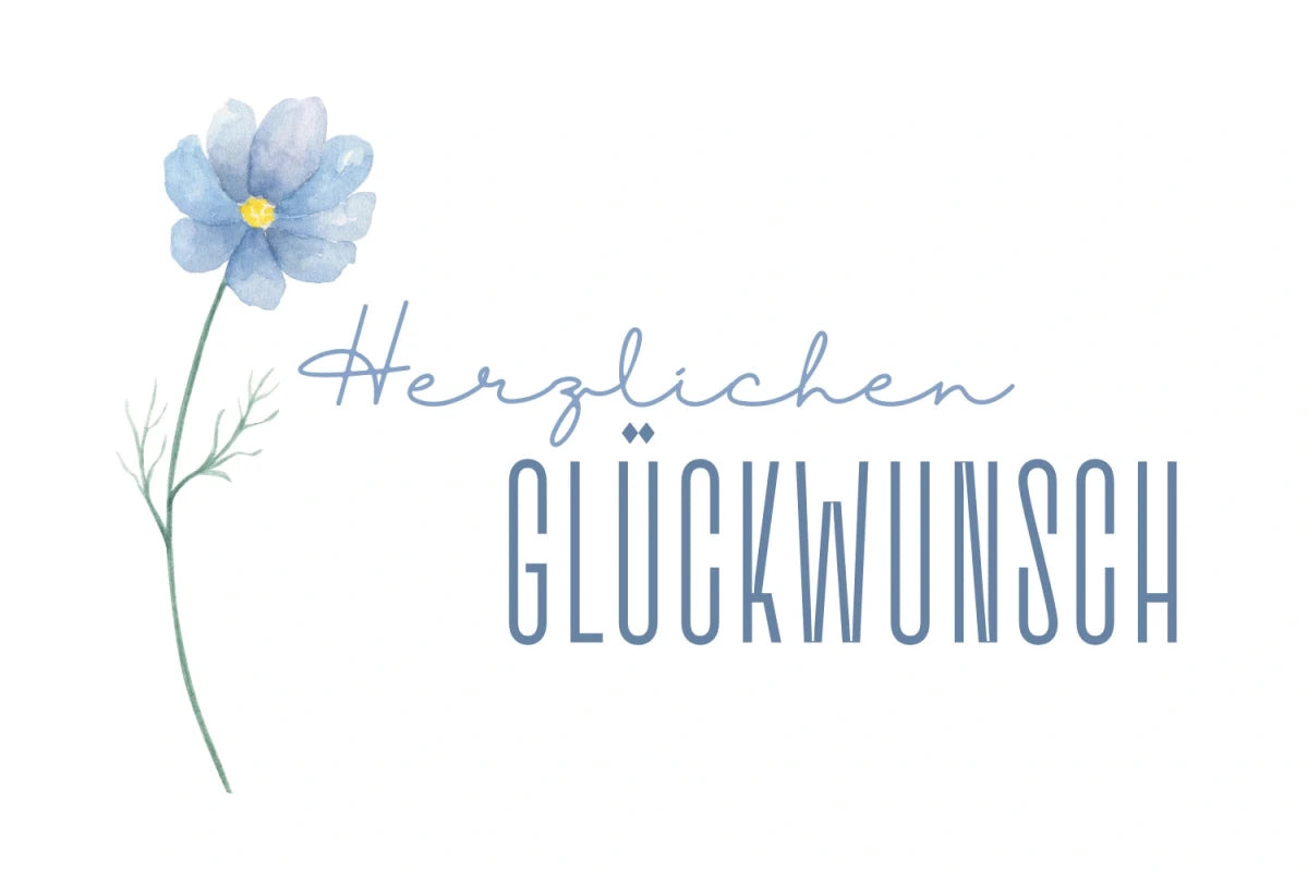 Gutschein-Motiv mit Schriftzug „Herzlichen Glückwunsch“ in Blau und Aquarell-Illustration einer blauen Blume mit gelber Mitte
