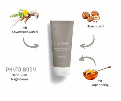 Dolomia Phyto Body Hand- und Nagelcreme in taupefarbener Tube, Infografik mit Löwenzahnwurzel, Haselnussöl und Alpenhonig