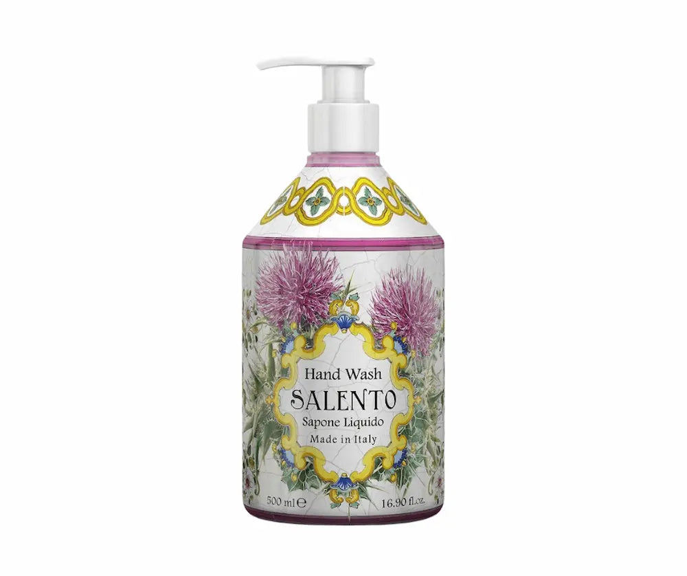 Flüssige Handseife Salento in dekorativer Pumpflasche mit Distelmotiv und Majolika-Ornamenten, 500 ml, Sapone Liquido Made in Italy