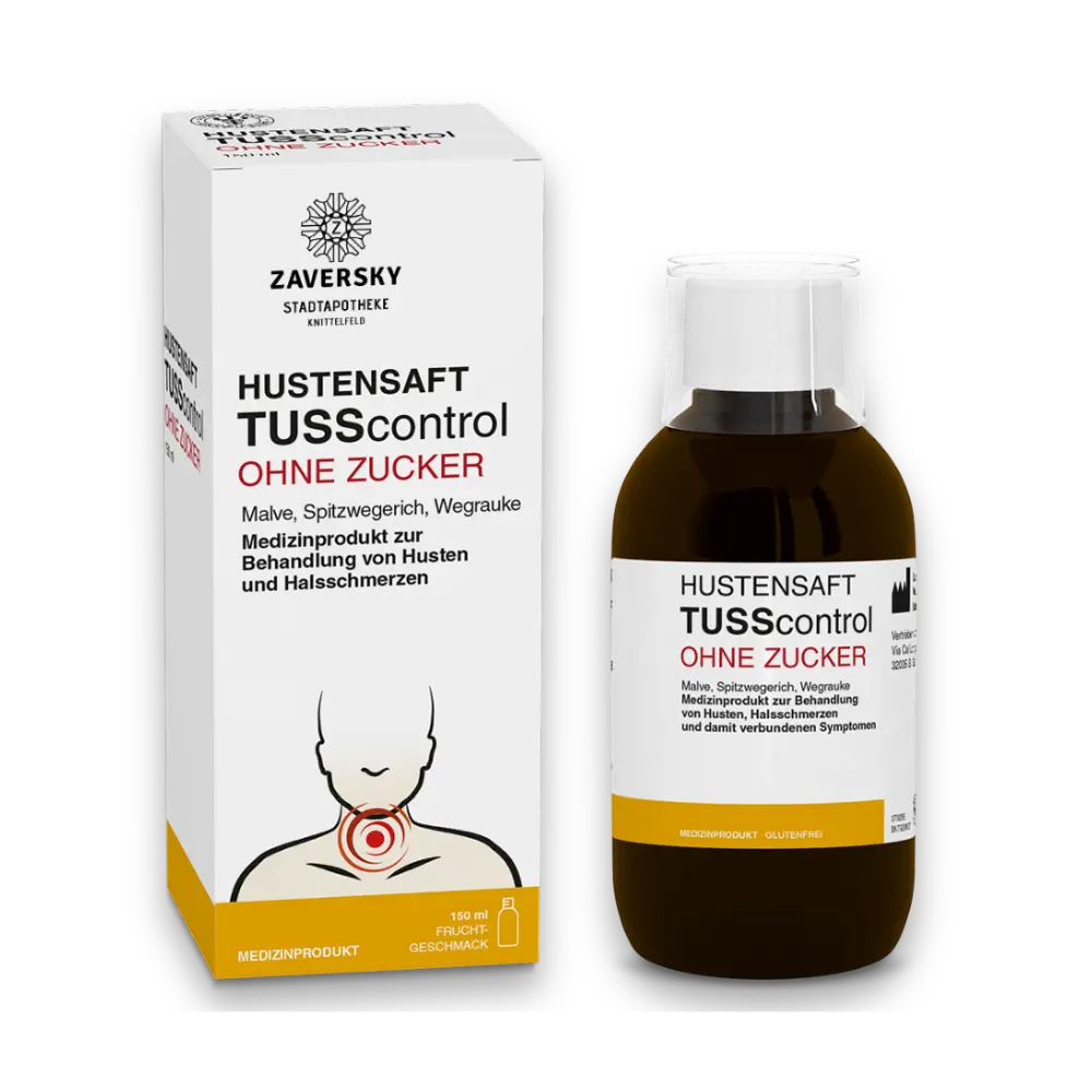 Zaversky Hustensaft TUSScontrol ohne Zucker, 150 ml, Verpackung und braune Flasche mit Malve, Spitzwegerich und Wegrauke.