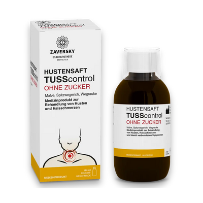 Zaversky Hustensaft TUSScontrol ohne Zucker, 150 ml, Verpackung und braune Flasche mit Malve, Spitzwegerich und Wegrauke.