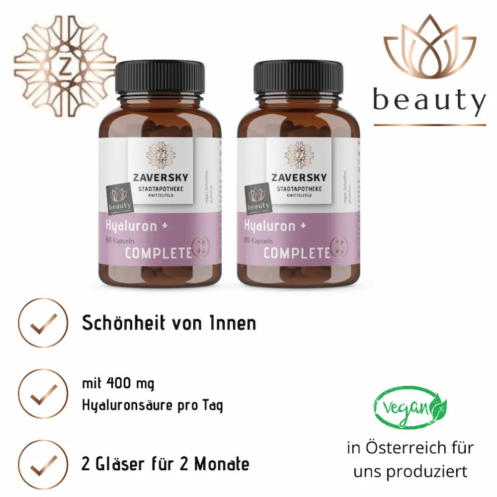 Zwei braune Glasflaschen Zaversky Hyaluron + Complete mit je 60 Kapseln, vegan, mit 400 mg Hyaluronsäure pro Tag, Doppelpack für 2 Monate