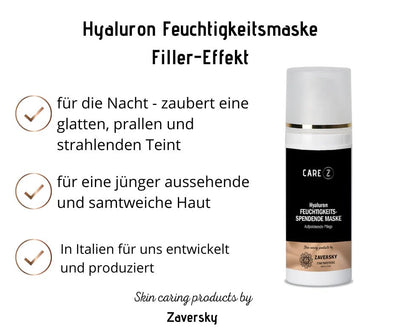 CareZ Hyaluron Feuchtigkeitsspendende Maske von Zaversky in schwarz-weißer Pumpflasche mit Produktmerkmalen und Filler-Effekt