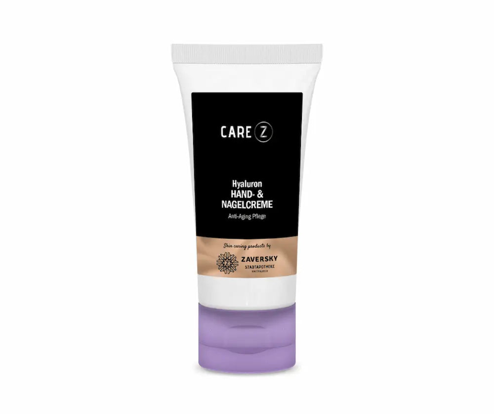 CARE Z Hyaluron Hand- & Nagelcreme Anti-Aging Pflege in weißer Tube mit fliederfarbenem Deckel, Zaversky Stadtapotheke Knittelfeld