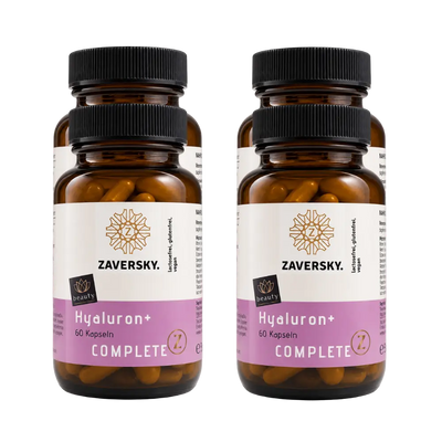 ZAVERSKY Complete Z Hyaluron+ 60 Kapseln: zwei Braunglasdosen mit schwarzem Deckel und weiß-violettem Etikett, Vorderansicht