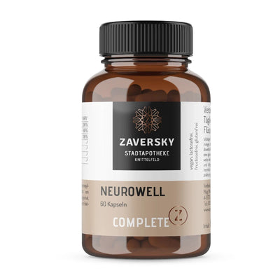 Braune Kapseldose Zaversky Neurowell Complete Z, 60 Kapseln, mit Etikett „vegan, lactosefrei, fructosefrei, glutenfrei"