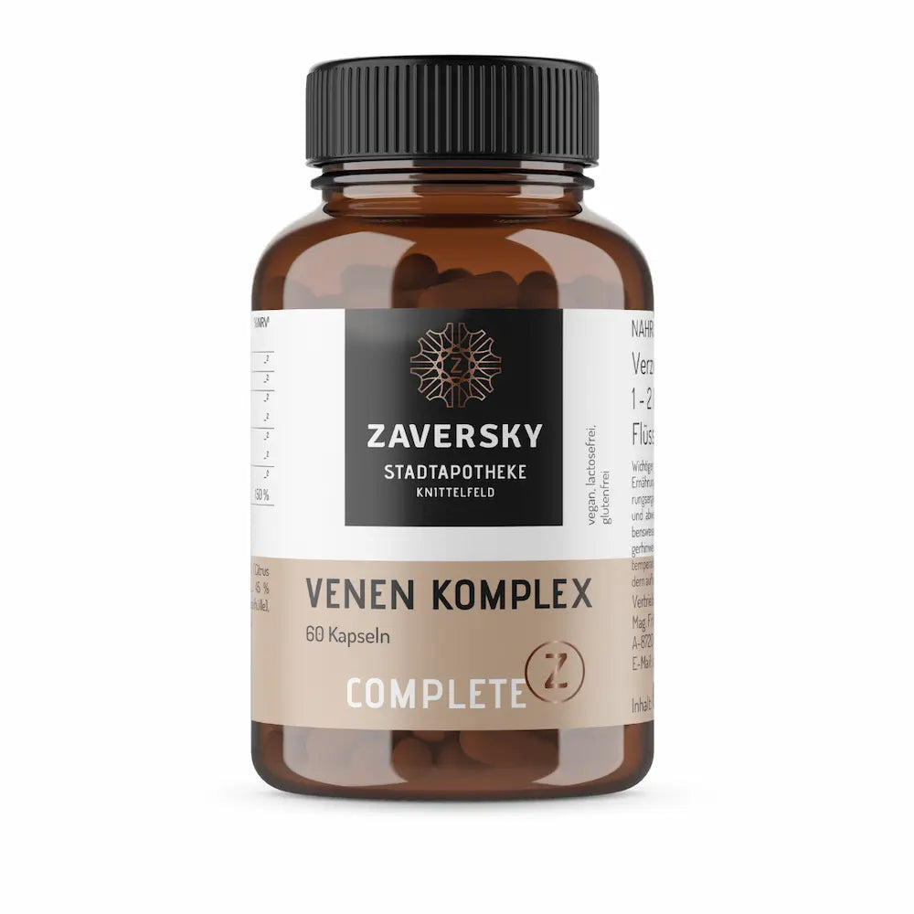 Braune Kapseldose Zaversky Complete Z Venen Komplex, 60 Kapseln, Etikett mit Hinweis vegan und lactosefrei sowie glutenfrei.