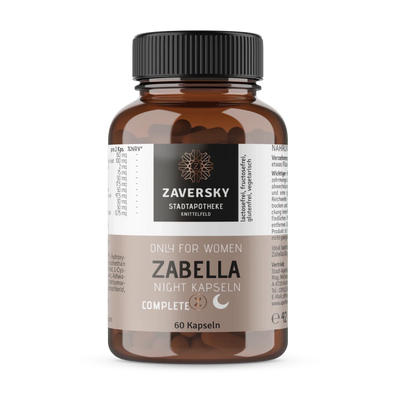 Braune Glasflasche Zaversky Zabella Night Kapseln Complete, Only for Women, 60 Kapseln, Vorderansicht mit Etikett