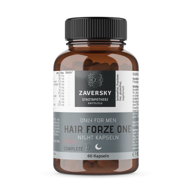 Braunglas-Dose Zaversky Hair Forze One Night Kapseln, Only for Men, 60 Kapseln, schwarzer Schraubverschluss, Vorderansicht