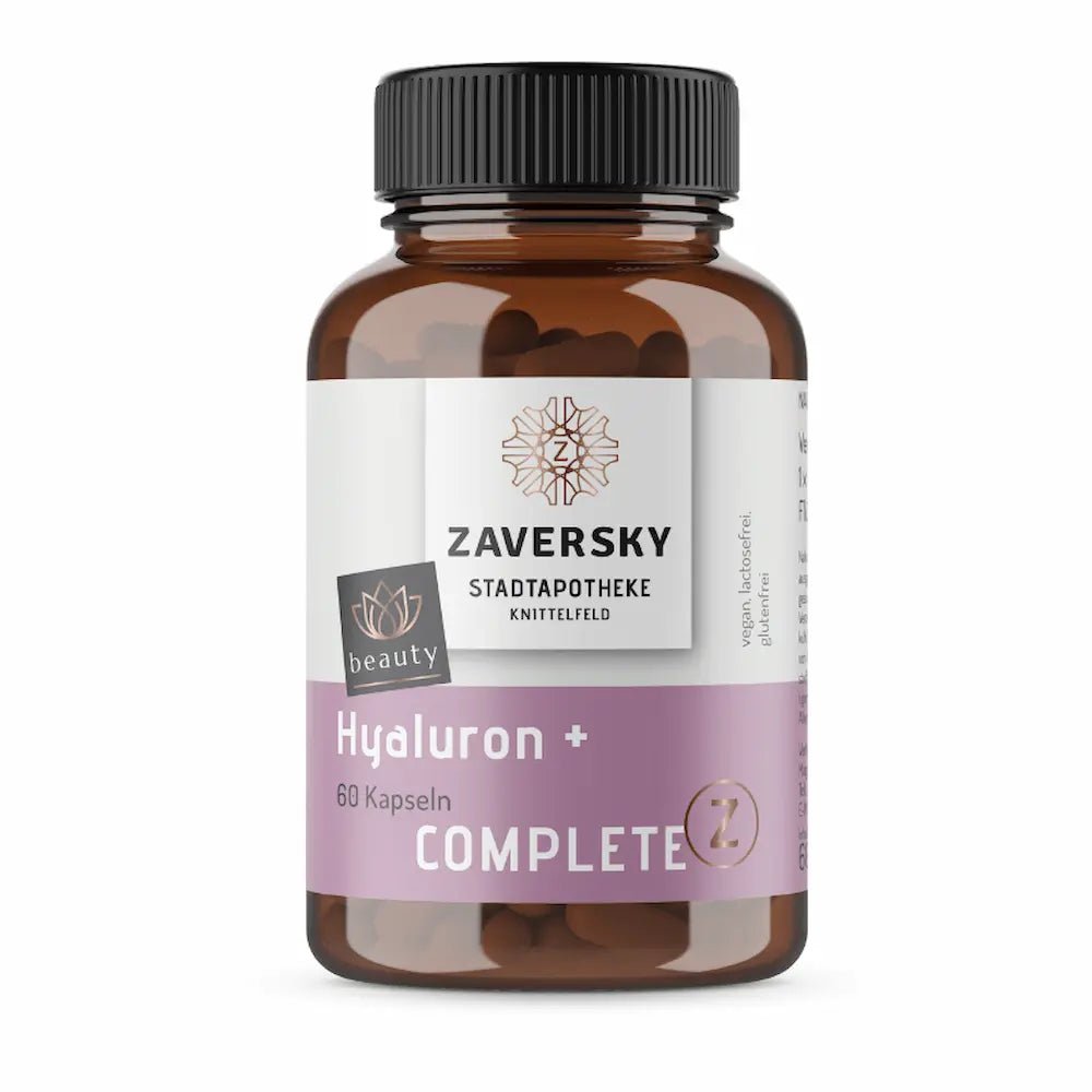 Braunglas mit 60 Kapseln Hyaluron + Complete von Zaversky Stadtapotheke Knittelfeld, beauty-Linie, vegan und lactosefrei