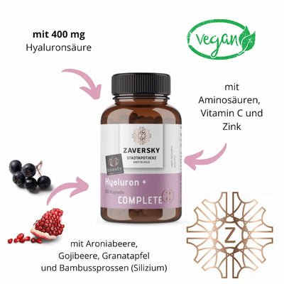 Zaversky Hyaluron + Complete mit 60 Kapseln, 400 mg Hyaluronsäure, Aminosäuren, Vitamin C, Zink, Aroniabeere, Gojibeere, Granatapfel, vegan