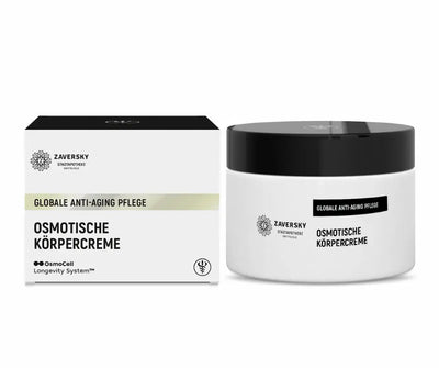 Zaversky Osmotische Körpercreme im weißen Tiegel mit schwarzem Deckel und passender Verpackung, globale Anti-Aging Pflege