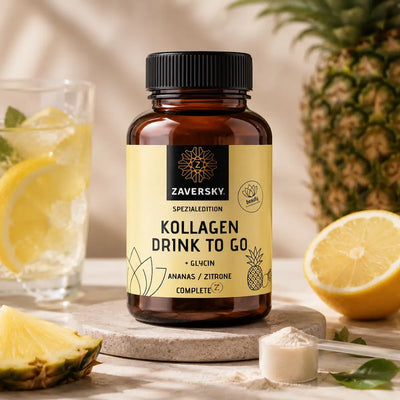 Zaversky Kollagen Drink to go Ananas-Zitrone in brauner Flasche mit gelbem Etikett, daneben Ananas, Zitrone und Pulver