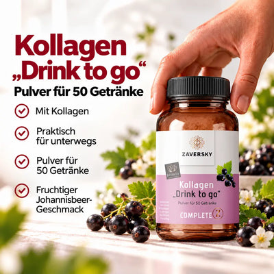 KI generiert - Zaversky Kollagen „Drink to go“ Pulver in brauner Dose mit Johannisbeeren, Checkliste zu 50 Getränken und Johannisbeer-Geschmack
