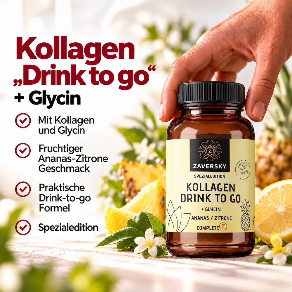 KI generiert - Zaversky Kollagen Drink to go + Glycin Ananas/Zitrone in brauner Dose, daneben Ananas, Zitrone und Checkliste mit Produktmerkmalen
