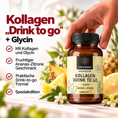 KI generiert - Zaversky Kollagen Drink to go + Glycin Ananas/Zitrone in brauner Dose, daneben Ananas, Zitrone und Checkliste mit Produktmerkmalen