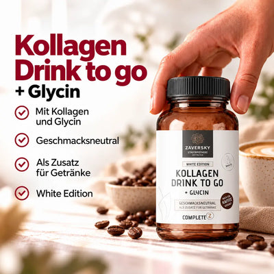 KI generiert - Complete Z Kollagen Drink to go + Glycin White Edition in brauner Dose mit Kaffeebohnen, Checkliste: geschmacksneutral, für Getränke