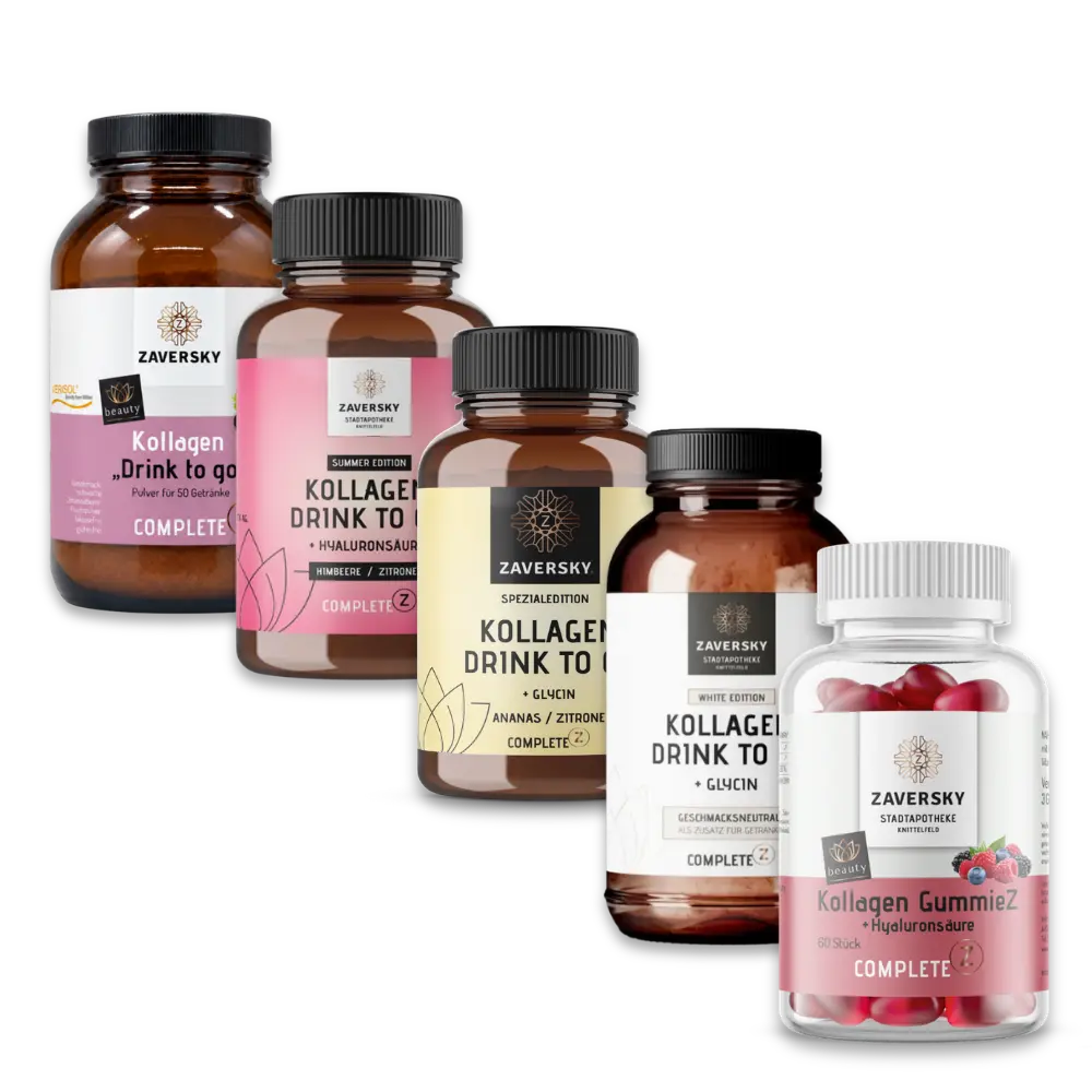 Zaversky Complete Z Kollagen Produktcollage: vier Drink to go Dosen in Braunglas und Kollagen GummieZ Dose mit roten Fruchtgummis