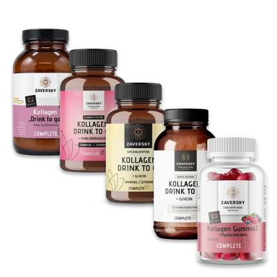 Zaversky Complete Z Kollagen Produktcollage: vier Drink to go Dosen in Braunglas und Kollagen GummieZ Dose mit roten Fruchtgummis