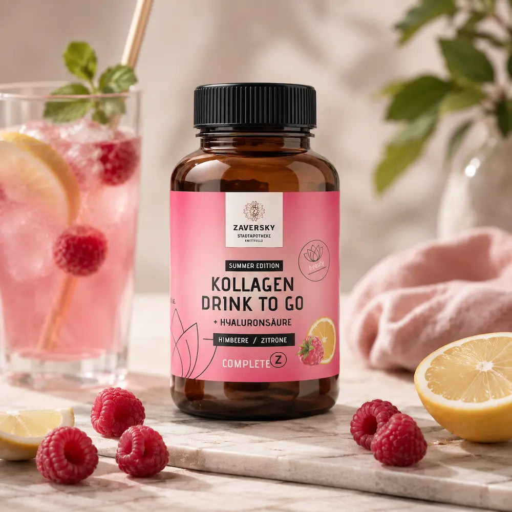 Zaversky Kollagen Drink to go Himbeere-Zitrone in brauner Flasche mit rosa Etikett, daneben pinkes Getränk und Himbeeren