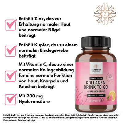 Kollagen Drink to Go "Sommer Edition" Himbeere - Zitrone mit Hyaluronsäure (50 Portionen) - Nahrungsergänzung - Apotheke Zaversky
