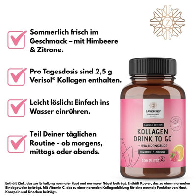 Kollagen Drink to Go "Sommer Edition" Himbeere - Zitrone mit Hyaluronsäure (50 Portionen) - Nahrungsergänzung - Apotheke Zaversky