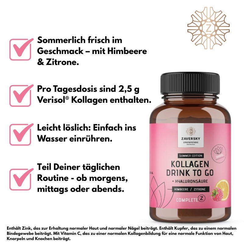 Kollagen Drink to Go "Sommer Edition" Himbeere - Zitrone mit Hyaluronsäure (50 Portionen) - Nahrungsergänzung - Apotheke Zaversky