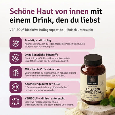 Zaversky Kollagen Drink to Go Spezialedition Ananas Zitrone mit Glycin, Infografik mit fünf Produktvorteilen