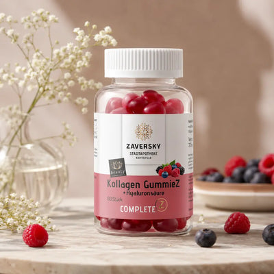Zaversky Kollagen GummieZ mit Hyaluronsäure, klare Dose mit roten Fruchtgummis, daneben frische Beeren und Blüten