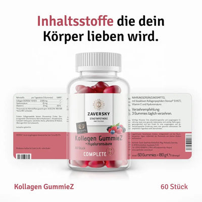 Kollagen GummieZ mit Hyaluronsäure von Zaversky Stadtapotheke Knittelfeld, 60 Stück im Glas mit aufgeklapptem Etikett und Nährwertangaben.