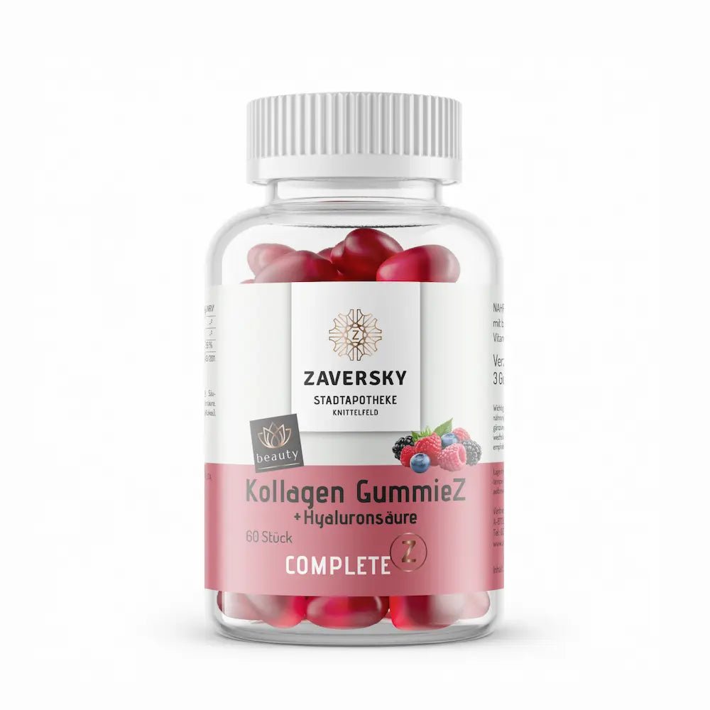 Zaversky Kollagen GummieZ mit Hyaluronsäure Complete, 60 rote Fruchtgummis in transparenter Dose, Vorderansicht