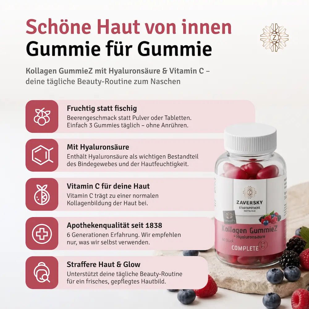 Infografik zu Kollagen GummieZ mit Hyaluronsäure und Vitamin C, Produktdose mit roten Gummies neben frischen Beeren