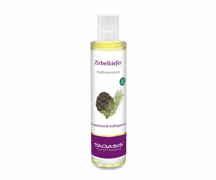 Taoasis Zirbelkiefer Kopfkissenspray in transparenter Sprühflasche mit weißem Sprühkopf, Bio-Siegel und Zirbenzapfen-Motiv, entspannend & kraftspendend
