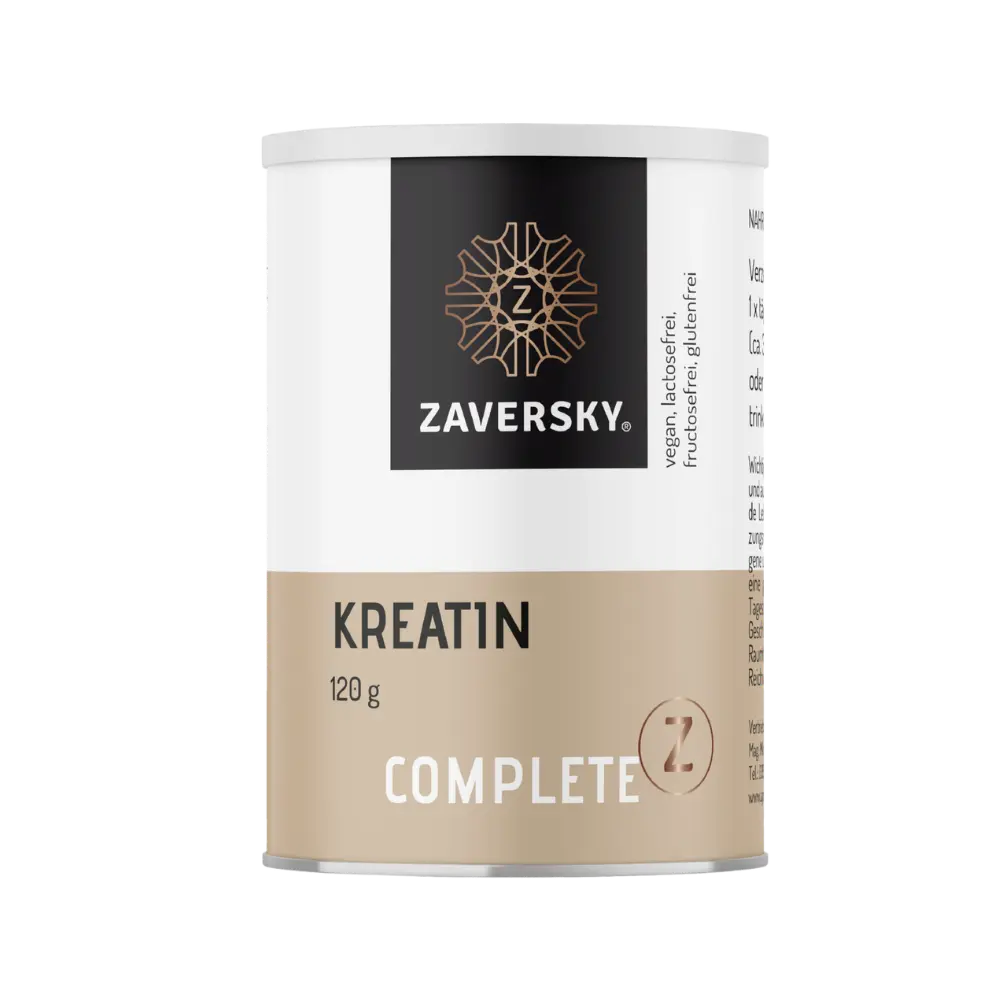 Zaversky Kreatin Complete in beige-weißer Dose, 120 g, mit Hinweisen vegan, lactosefrei, fructosefrei und glutenfrei.