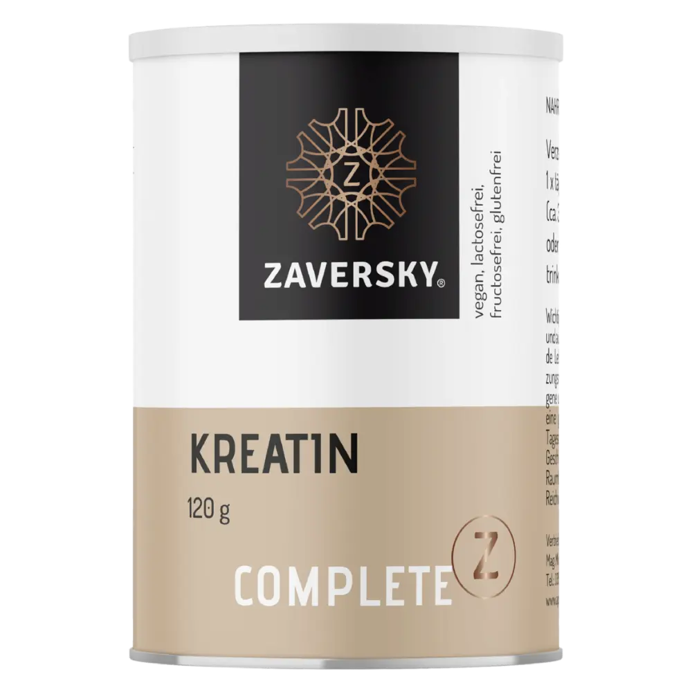 Zaversky Kreatin Complete in beige-weißer Dose, 120 g, mit Hinweisen vegan, lactosefrei, fructosefrei und glutenfrei.
