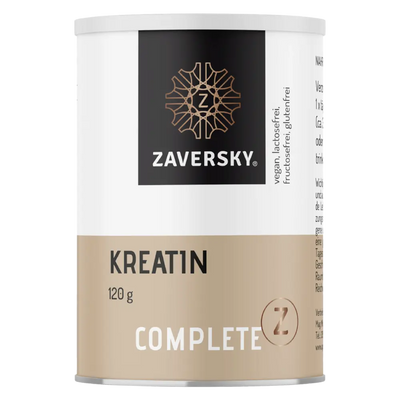 Zaversky Kreatin Complete in beige-weißer Dose, 120 g, mit Hinweisen vegan, lactosefrei, fructosefrei und glutenfrei.
