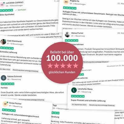 Collage aus mehreren Fünf-Sterne-Kundenbewertungen mit rundem rotem Siegel „Beliebt bei über 100.000 glücklichen Kunden“ in der Mitte.