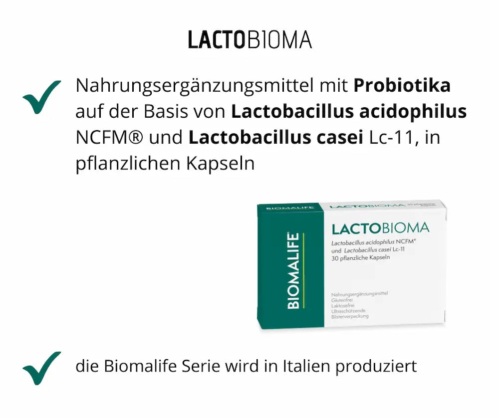 Lactobioma von Biomalife Infografik mit Produktverpackung, Probiotika mit Lactobacillus acidophilus und casei, 30 pflanzliche Kapseln