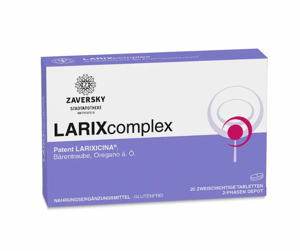 LARIXcomplex Faltschachtel der Stadtapotheke Zaversky in Violett mit 20 zweischichtigen Tabletten als 2-Phasen Depot

