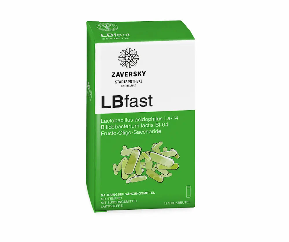 Grün-weiße Faltschachtel Zaversky LBfast mit Milchsäurebakterien und Ballaststoffen, 12 Stickbeutel, Vorderansicht
