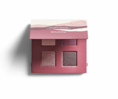 Dolomia Natural Palette mit vier Lidschatten in Beere-, Braun- und Pflaumentönen, geöffnete Palette in Vorderansicht