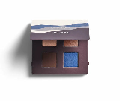 Dolomia Natural Palette Lidschattenpalette mit vier Farben in Hellbraun, Kupfer, Dunkelbraun und Blau, geöffnete Verpackung
