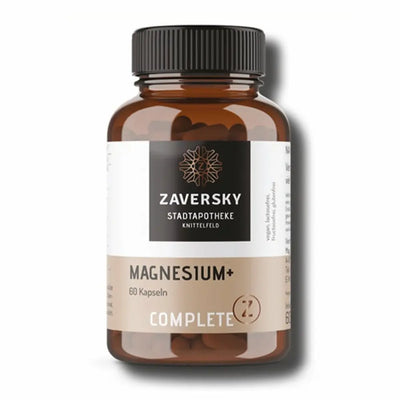 Braunglasflasche Zaversky Magnesium+ Complete mit 60 Kapseln, Etikett der Stadtapotheke Knittelfeld, vegan und laktosefrei