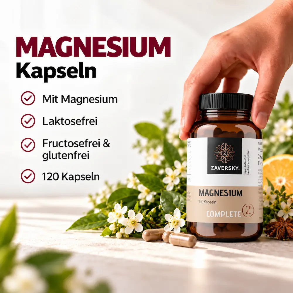 KI generiert - Zaversky Complete Z Magnesium, 120 Kapseln im braunen Glas mit Hinweisen: laktosefrei, fructosefrei und glutenfrei